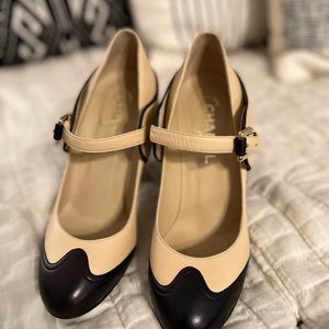 Beige and Black Chanel Mary Jane Heels Size:38